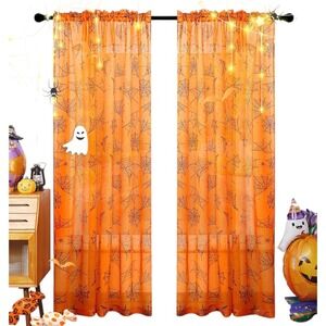 NEW Halloween Curtains Orange Spiderweb Sheer Window Panel Drapes  52" W x 72" L